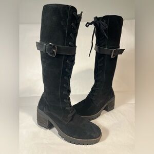 Vintage Foundry Co Women’s Naomi Tall Boot Black Suede Lace Up Chunky Heel 7